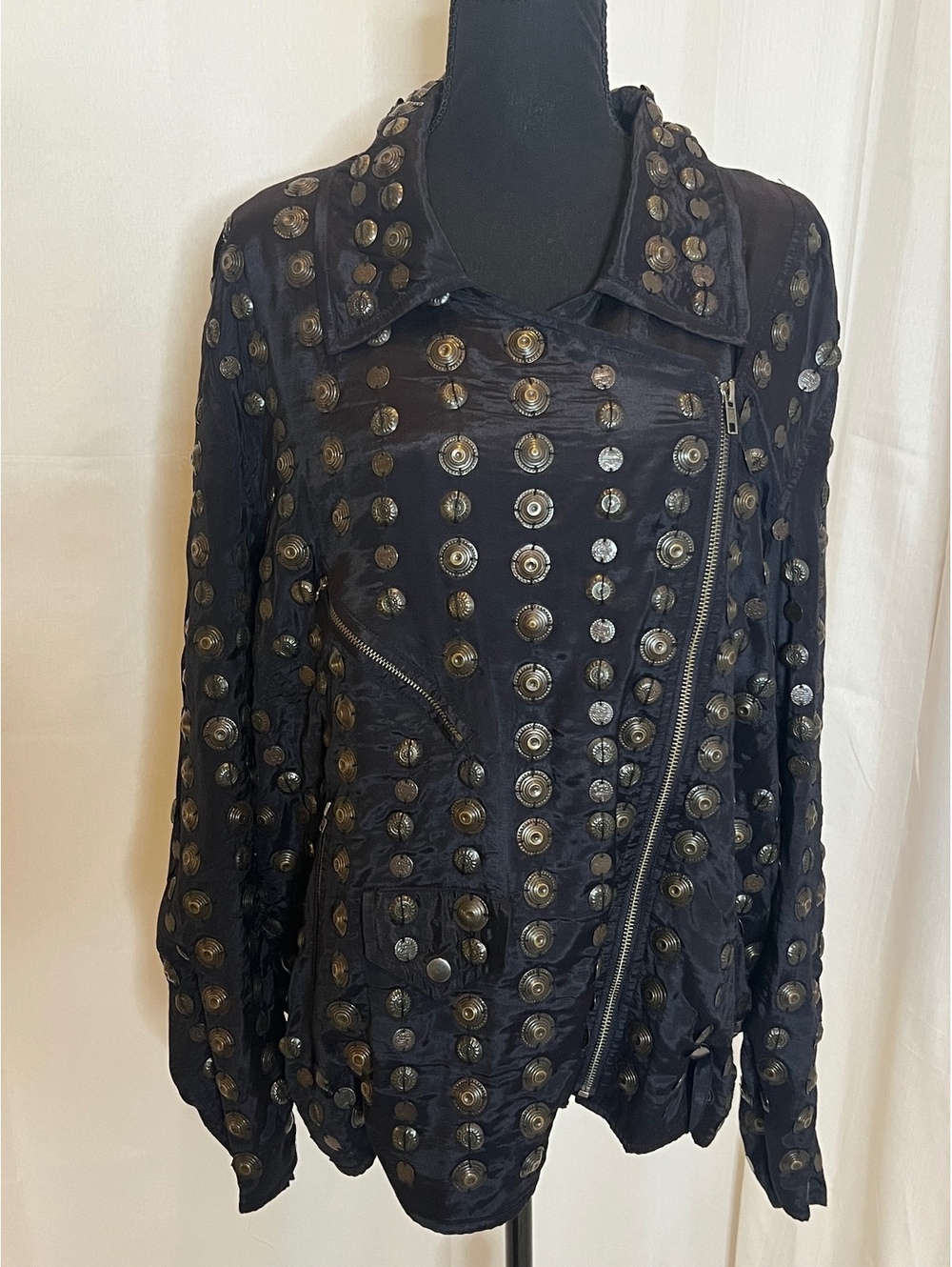 Free People Chelsea Coin Moto Jacket Black Embellished Rayon M NWOT Rare
